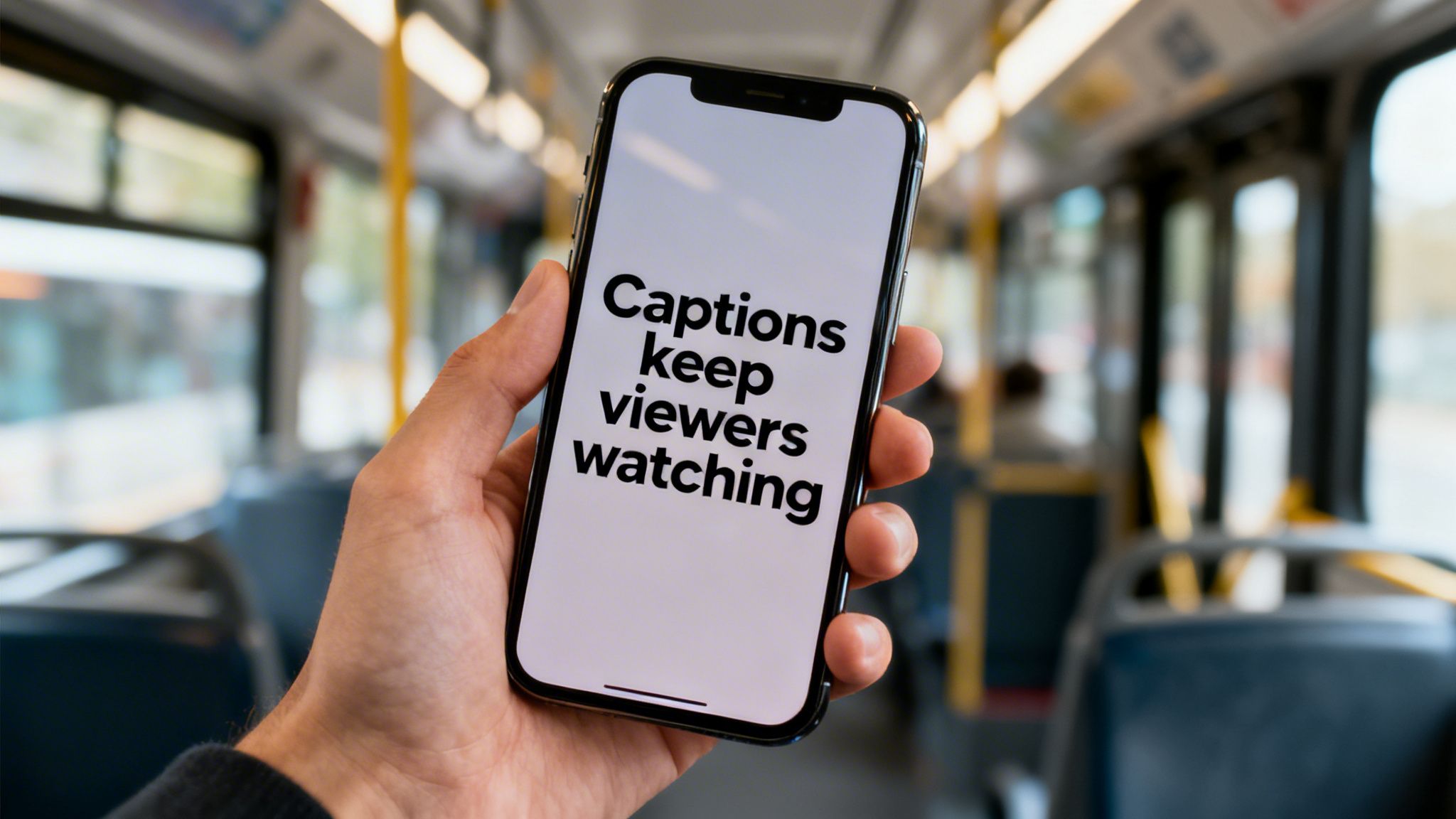 A hand holds a smartphone displaying 'Captions keep viewers watching' inside a blurry bus.