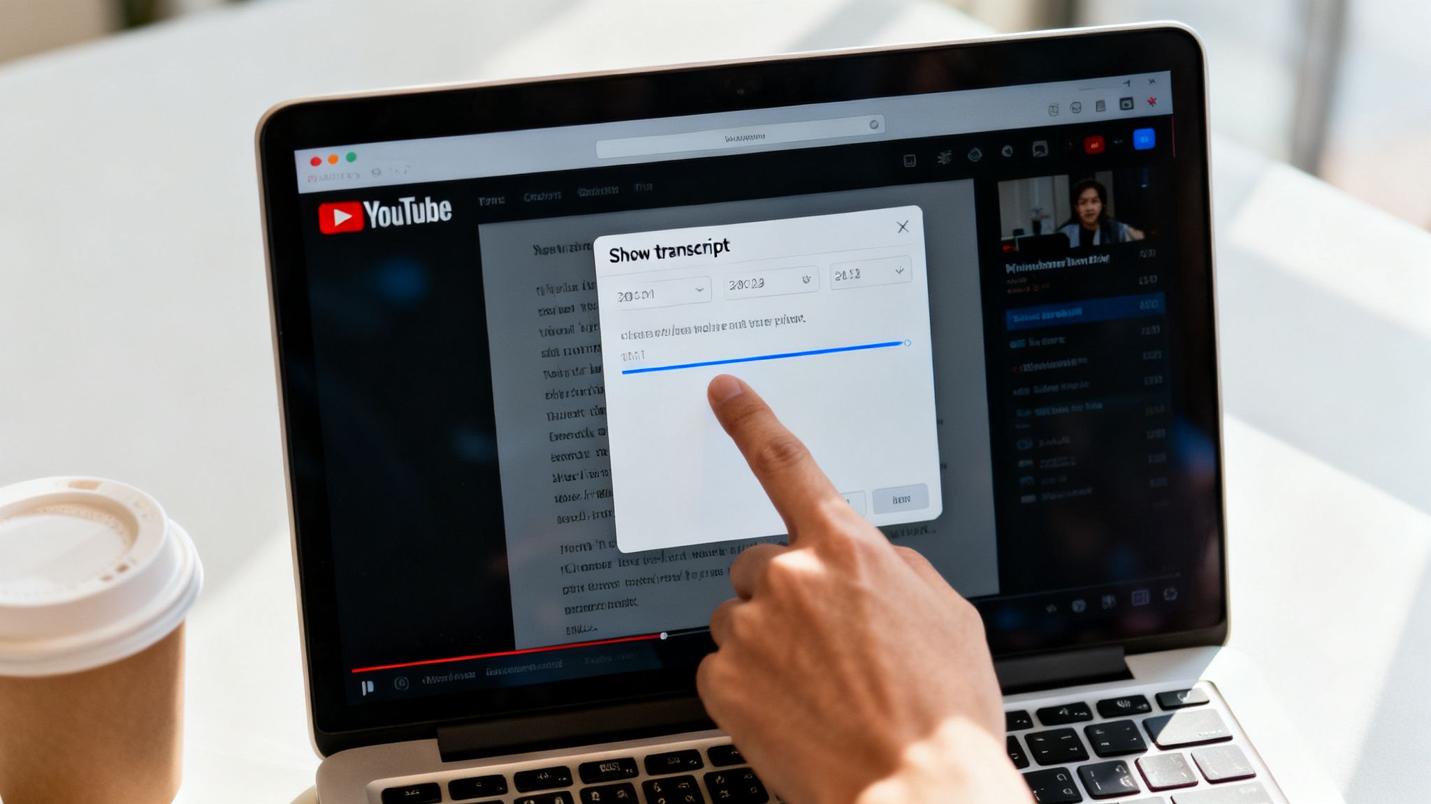 A hand interacts with a 'Show transcript' pop-up on a laptop displaying a YouTube video.
