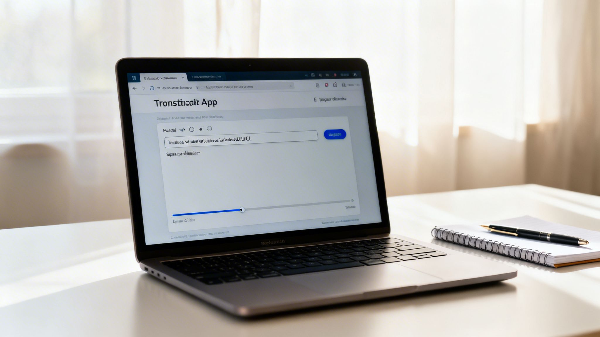 A laptop displaying a transcription app, a notebook, and a pen on a bright, minimalist desk.