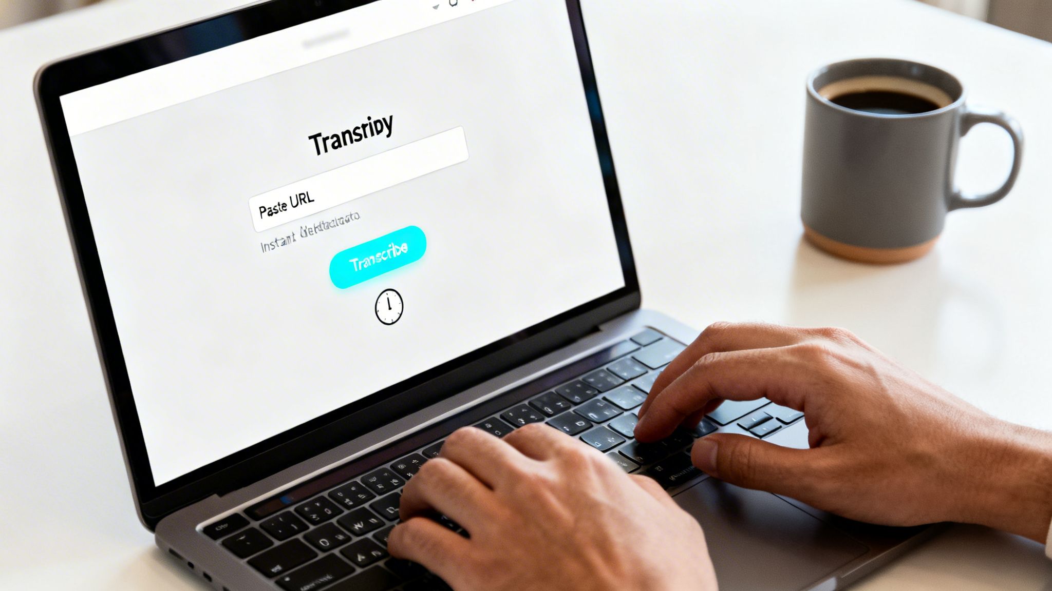 Hands typing on a laptop showing a 'Transcipy' transcription website with 'Paste URL' input field.