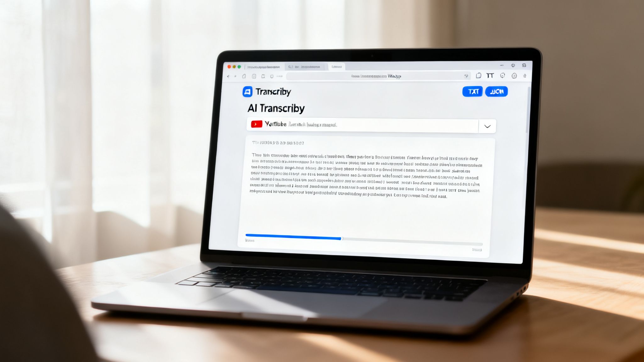 A laptop displays an AI Transcriby website, actively processing a YouTube video for transcription.
