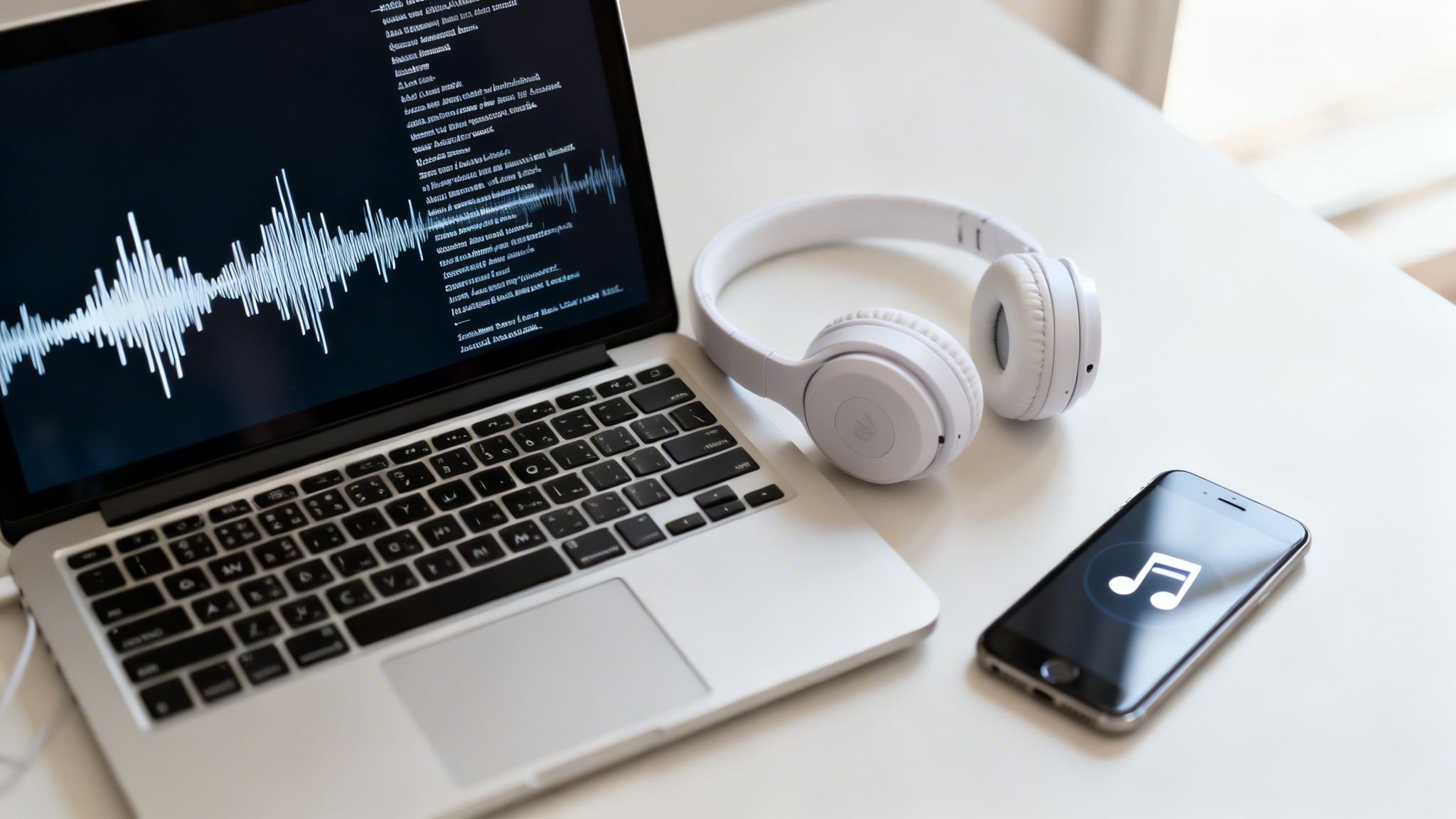 Laptop displaying audio waveform and text, white wireless headphones, and smartphone on a clean desk.