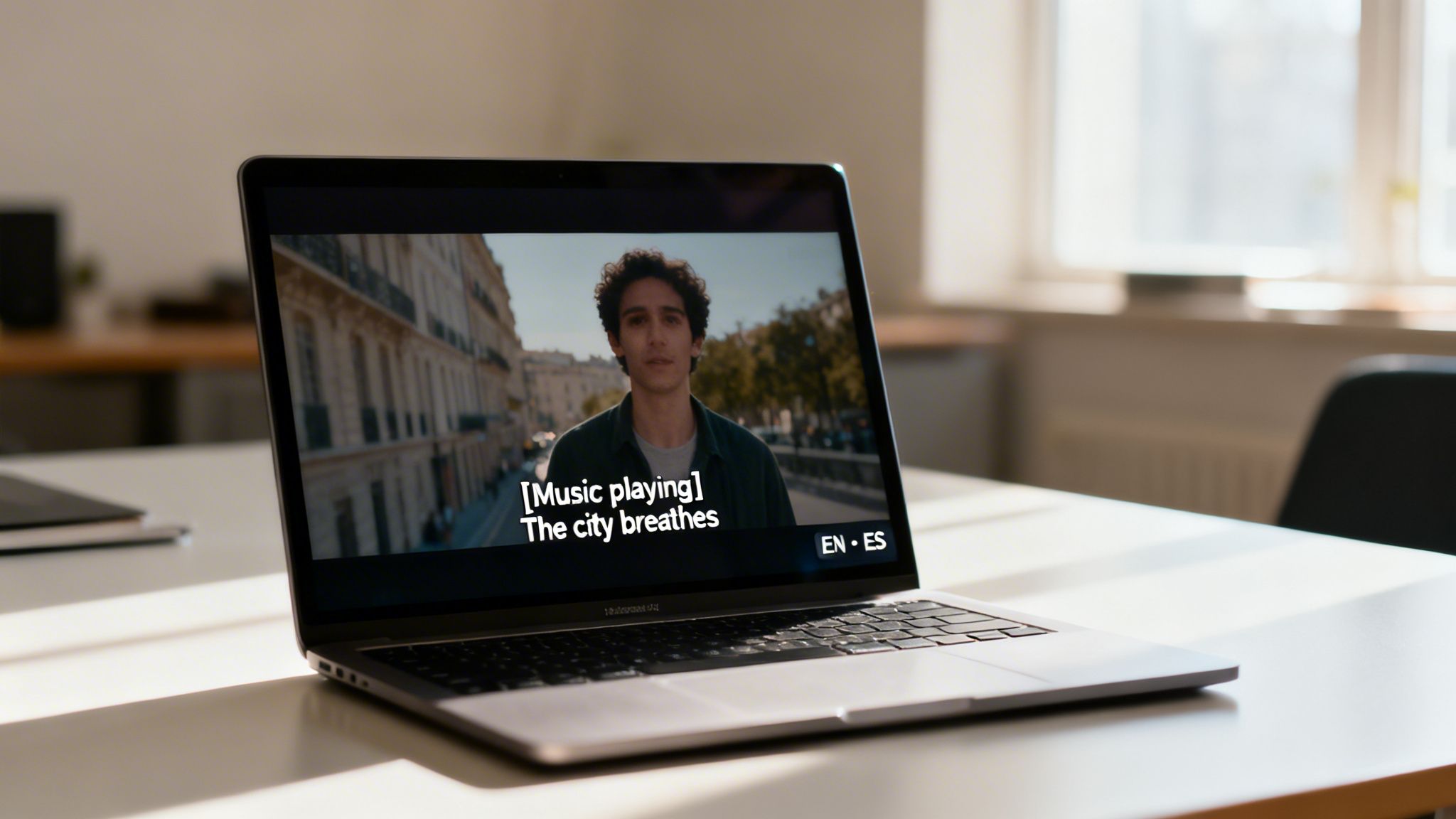 A laptop displays a video with a man on a street and English subtitles on a bright desk.