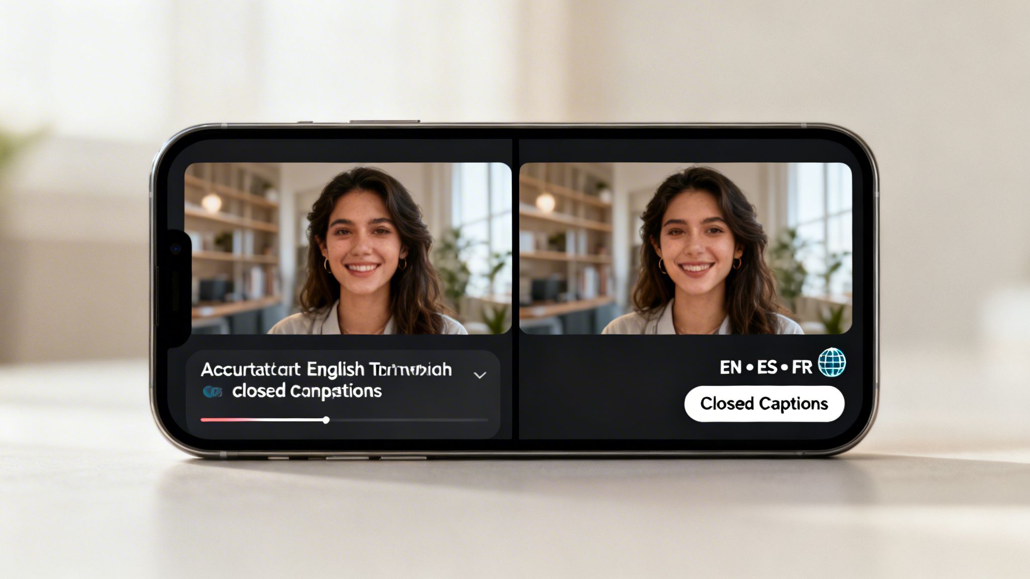 A smartphone displays two video feeds of a smiling woman, showing options for English and translated closed captions.