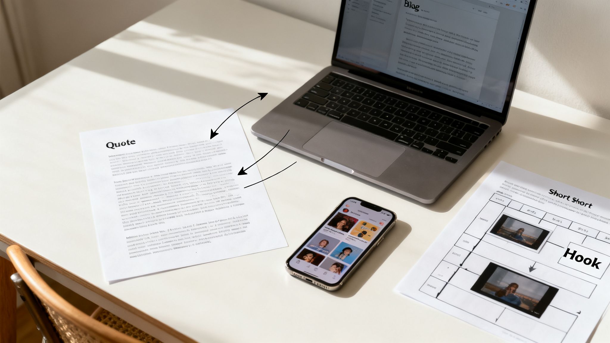 A flat lay of a desk with a laptop, smartphone, and two documents, one titled 'Quote' and another 'Short Short'.