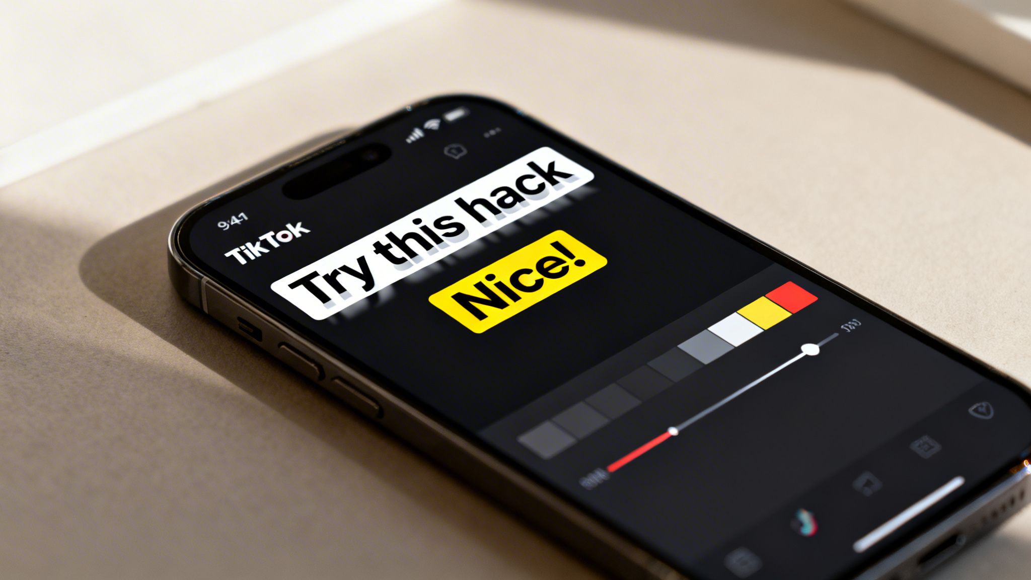 Close-up of a smartphone screen showing TikTok video editing with 'Try this hack' and 'Nice!' captions.