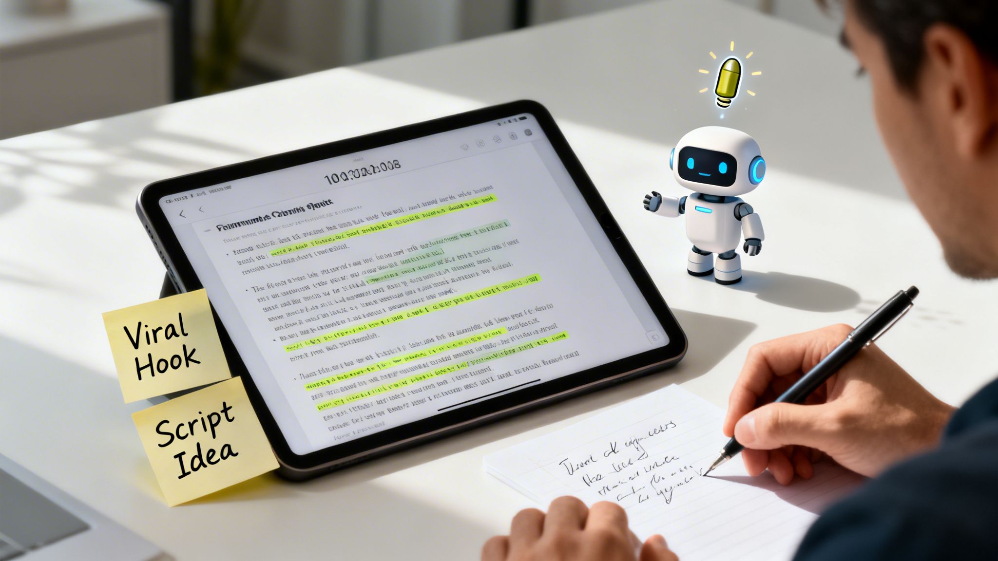 A person brainstorming content ideas with a tablet showing a transcript, guided by an AI robot.
