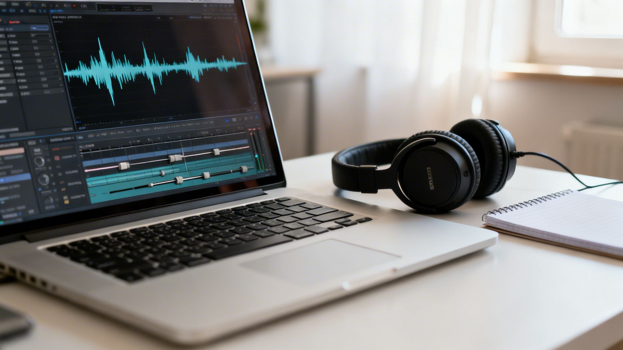 Laptop screen showing audio editing software with a waveform, black headphones, and a notepad on a desk.
