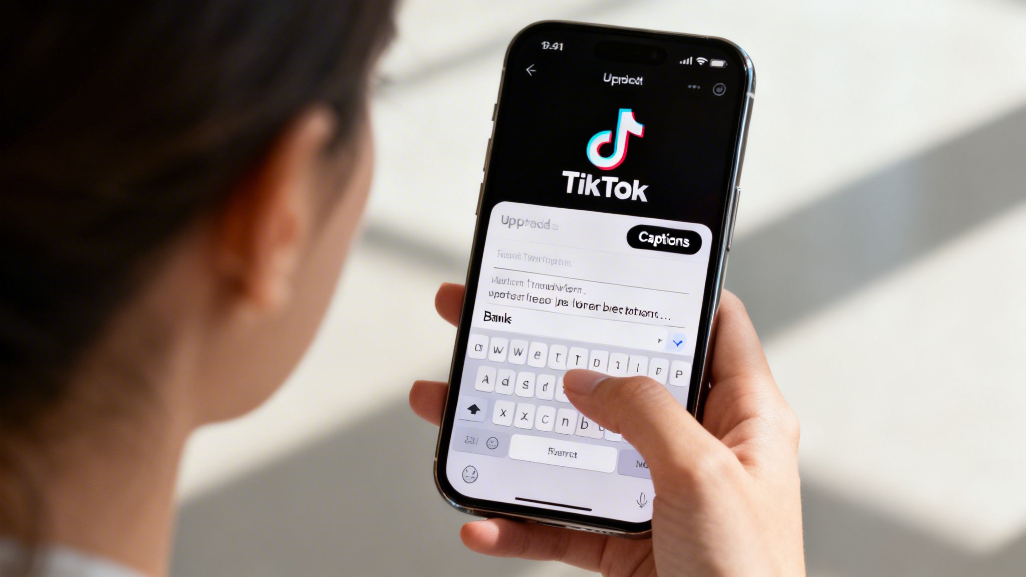 A person's hand holds a smartphone, typing on the TikTok app with a captions feature visible.