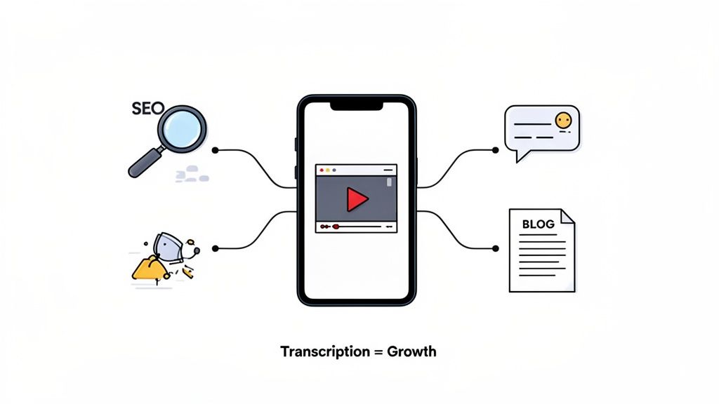 Illustration of a smartphone playing a video, connected to SEO, savings, chat, and blog content, signifying growth through transcription.