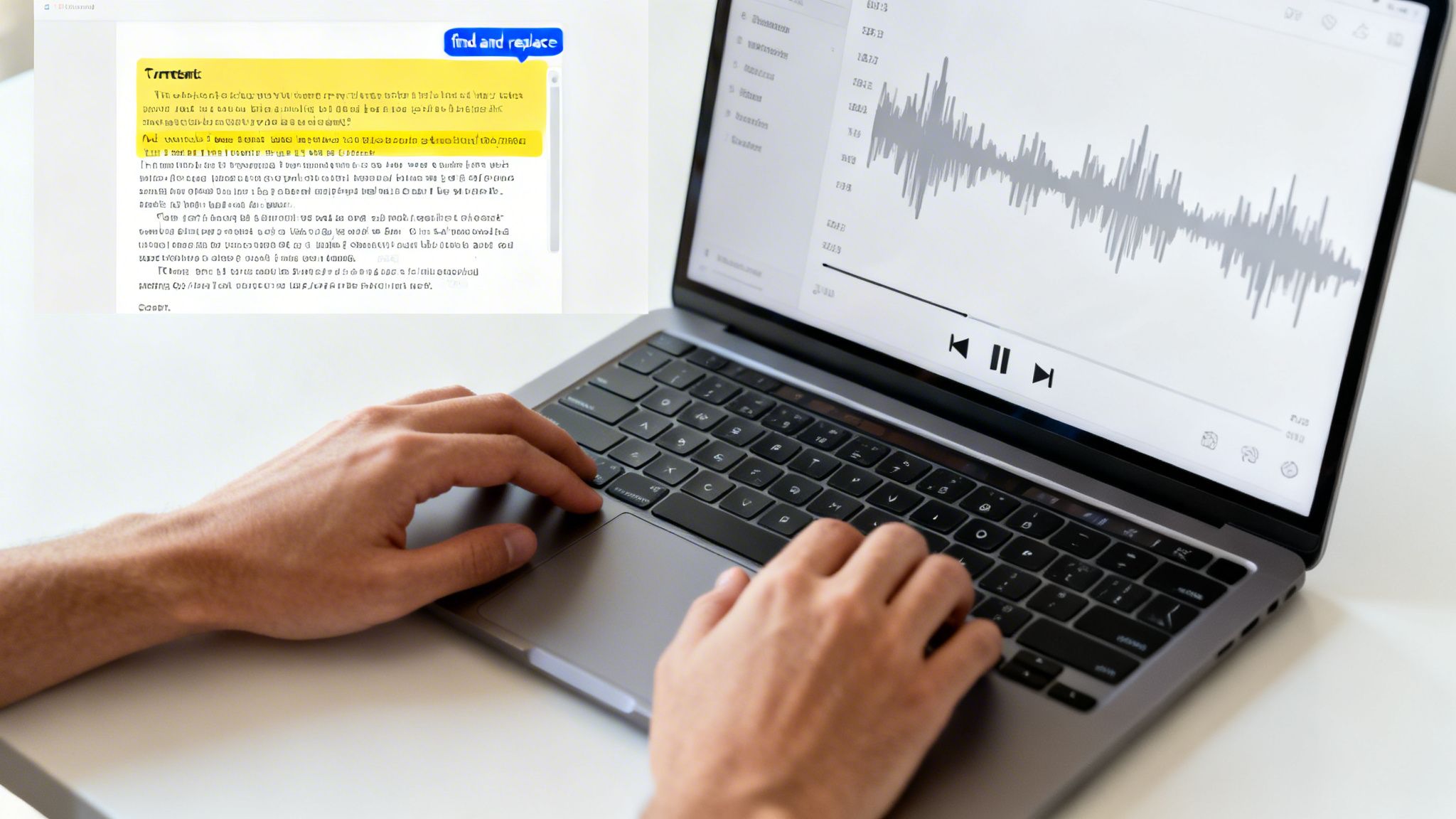 Hands typing on a laptop, displaying text being edited alongside an audio waveform.