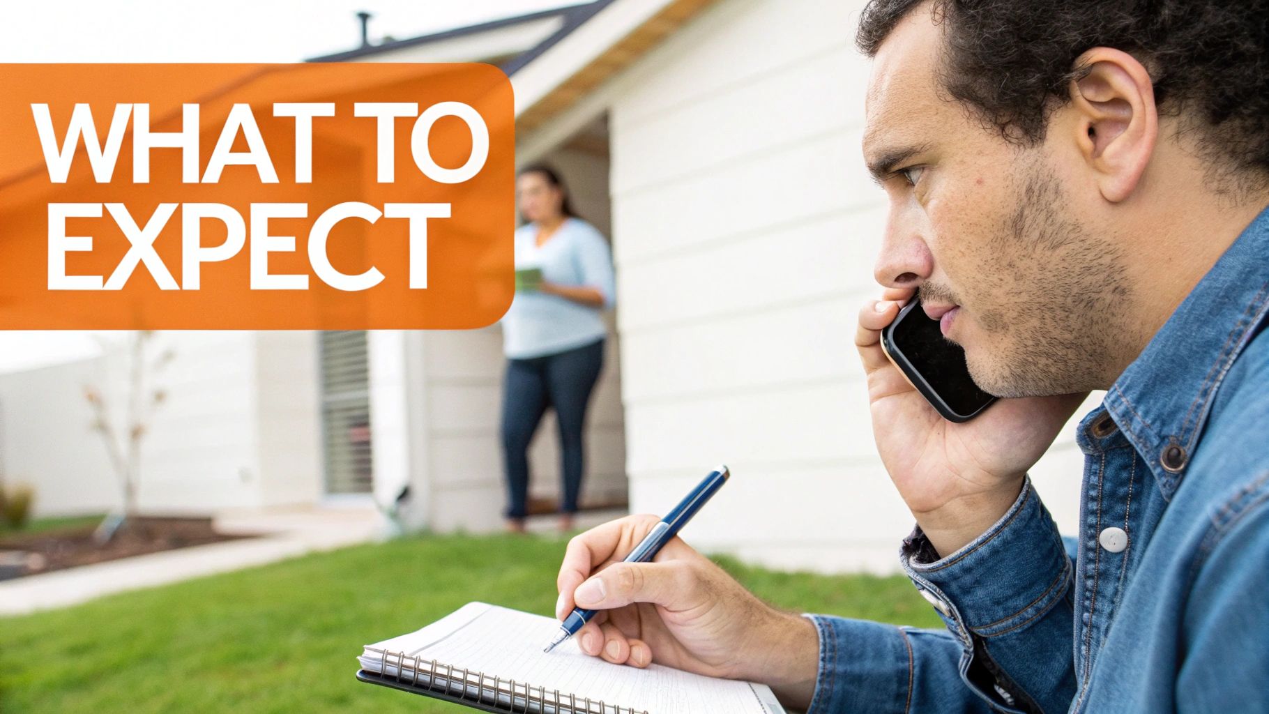 Professional man on phone, writing notes outside a home, with 'WHAT TO EXPECT' text overlay.