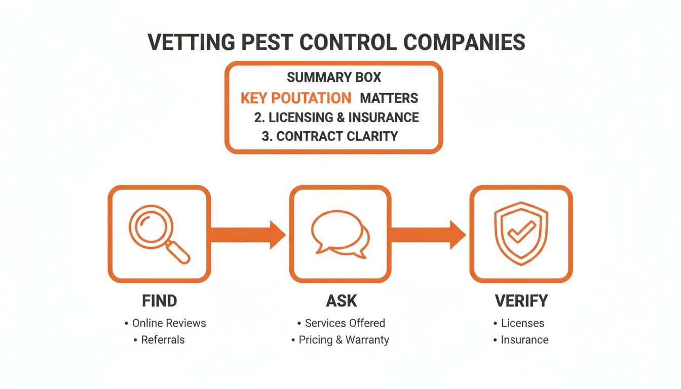 Flowchart outlining the process of vetting pest control companies, including finding, asking, and verifying.