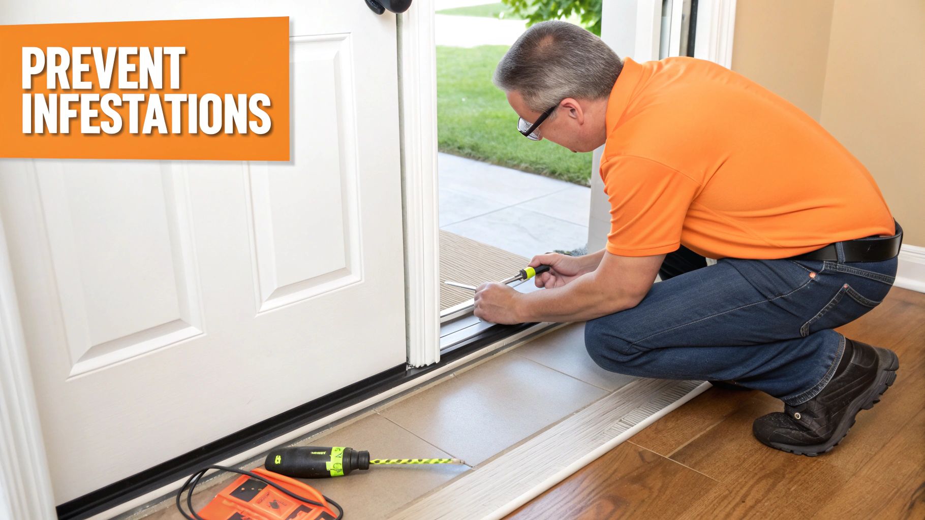 Professional technician in orange shirt installing weather stripping on door threshold to prevent pest infestations