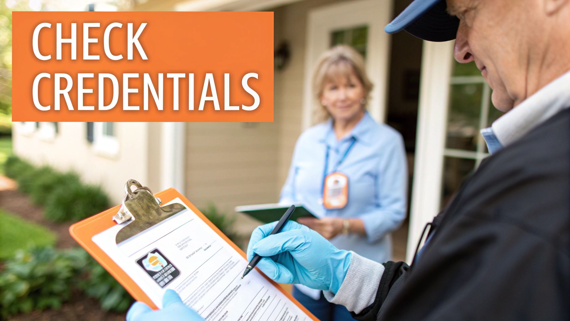 A service professional, wearing gloves, signs a clipboard while a homeowner watches. Text overlay: CHECK CREDENTIALS.