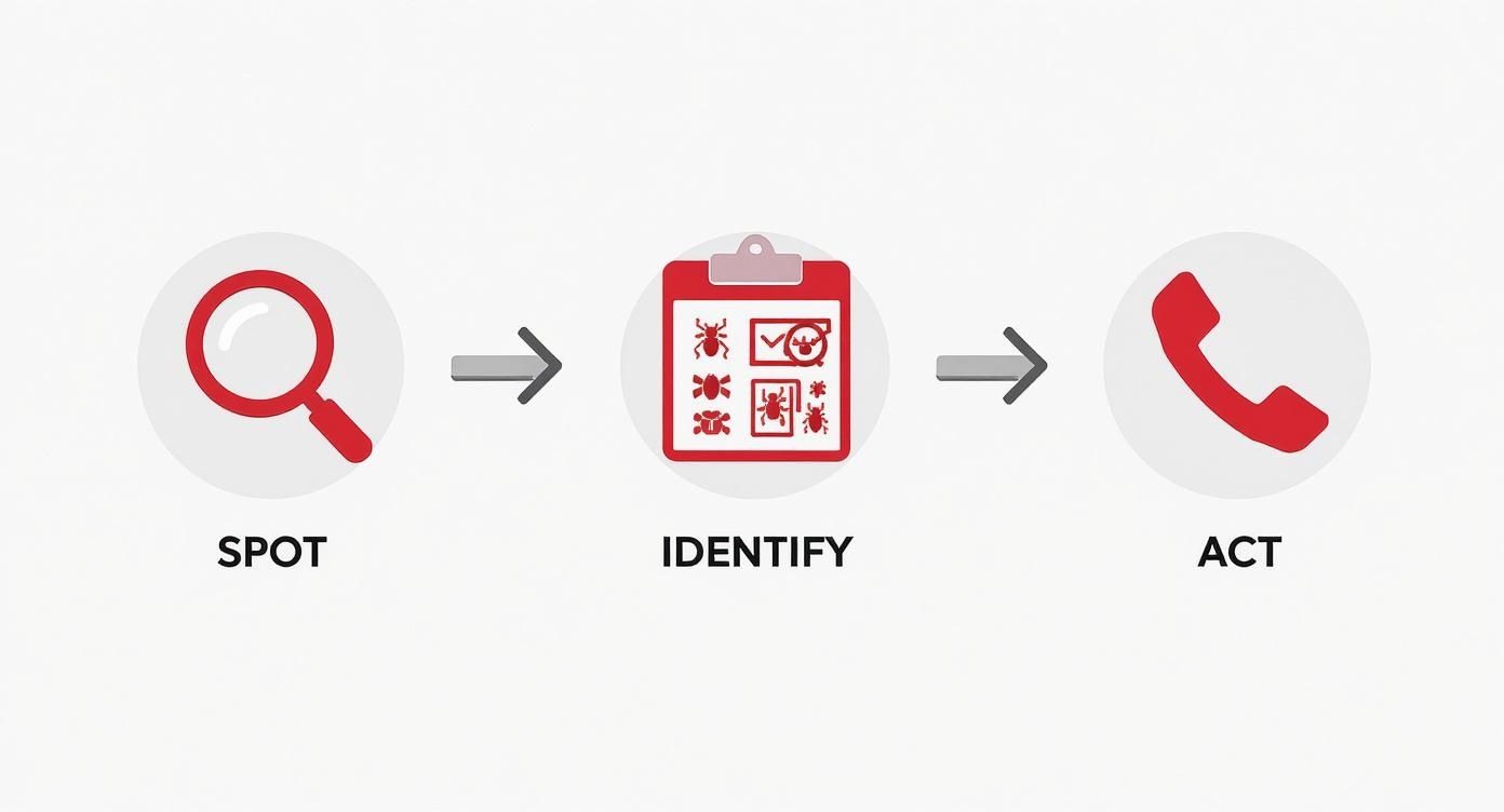 A three-step process for pest control: spot with a magnifying glass, identify on a clipboard, and act with a phone call.