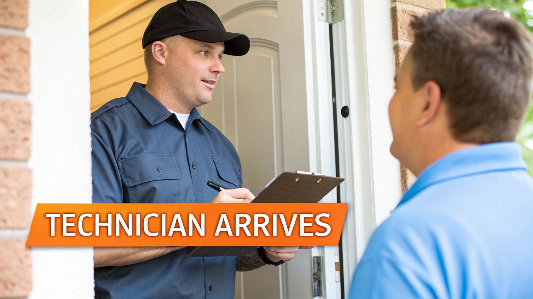 A service technician in a blue uniform and cap arrives at a customer's home, holding a clipboard and pen.