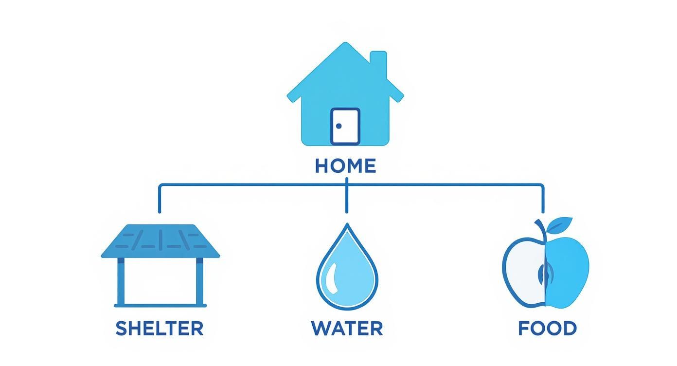 A diagram illustrating 'HOME' connected to essential basic needs: 'SHELTER', 'WATER', and 'FOOD'.