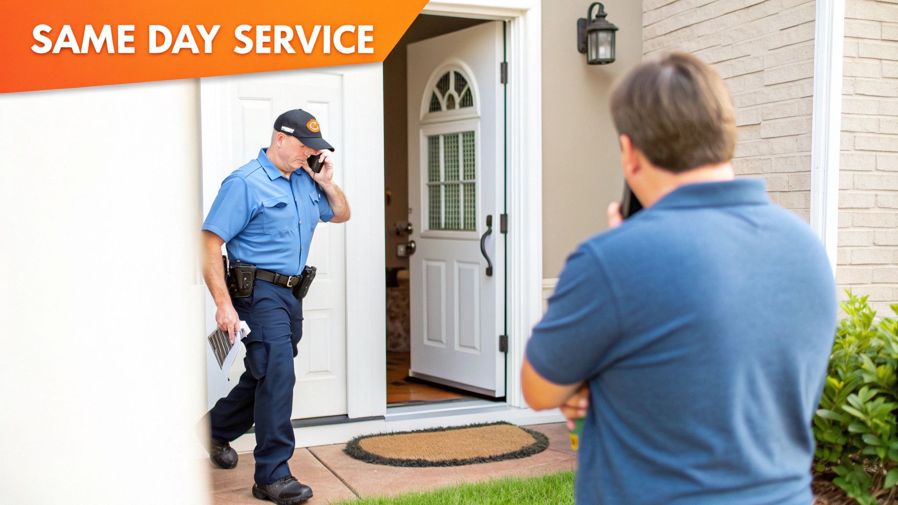 Technician in uniform on a phone, leaving a customer's home after same-day service.