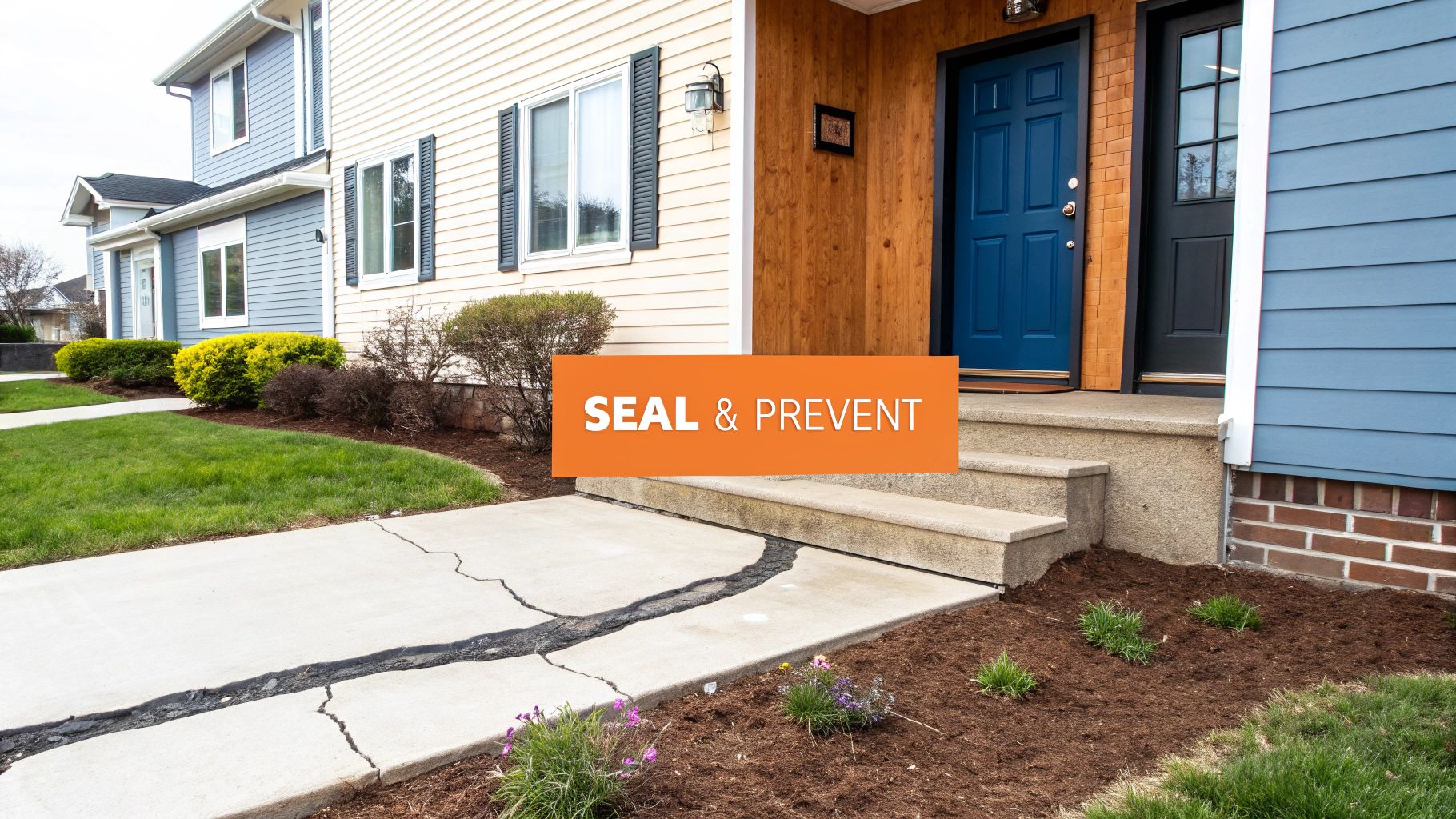 Concrete driveway and sidewalk seal and prevent cracks near residential home entrance