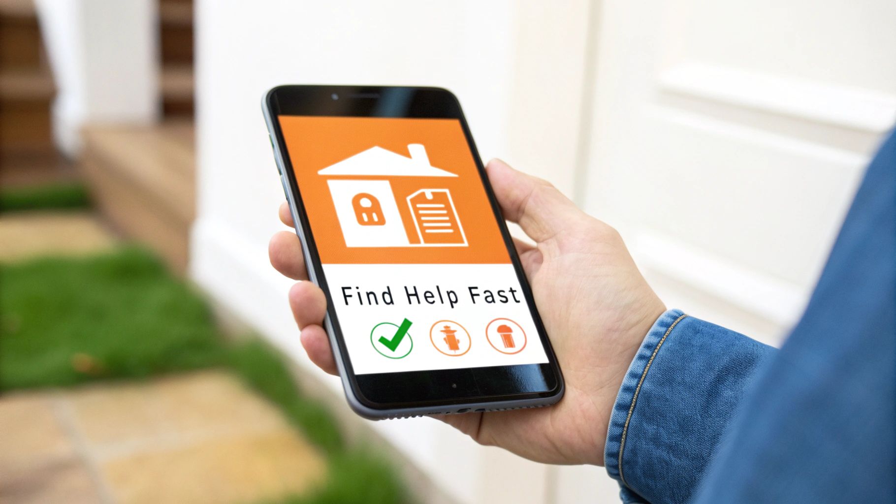 A person holds a smartphone displaying an app to 'Find Help Fast' for home services.