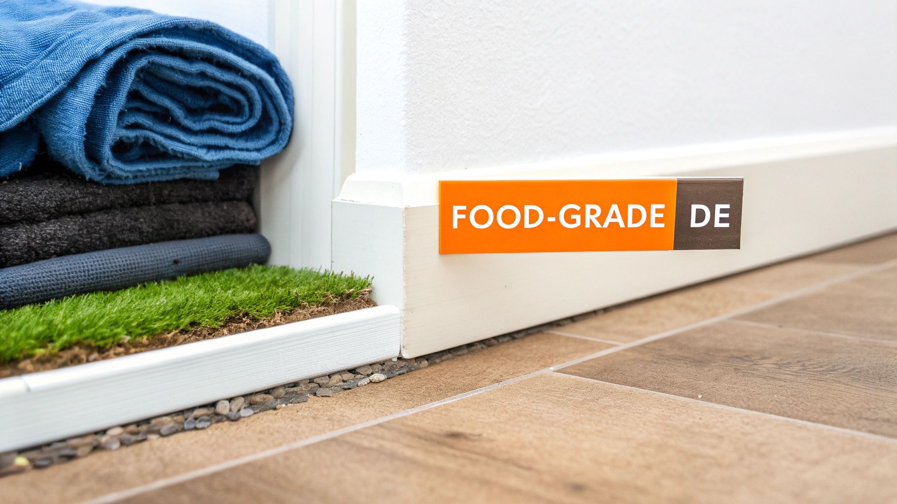 Close-up of a 'FOOD-GRADE DE' sign on a white baseboard near artificial grass, towels, and a tiled floor.