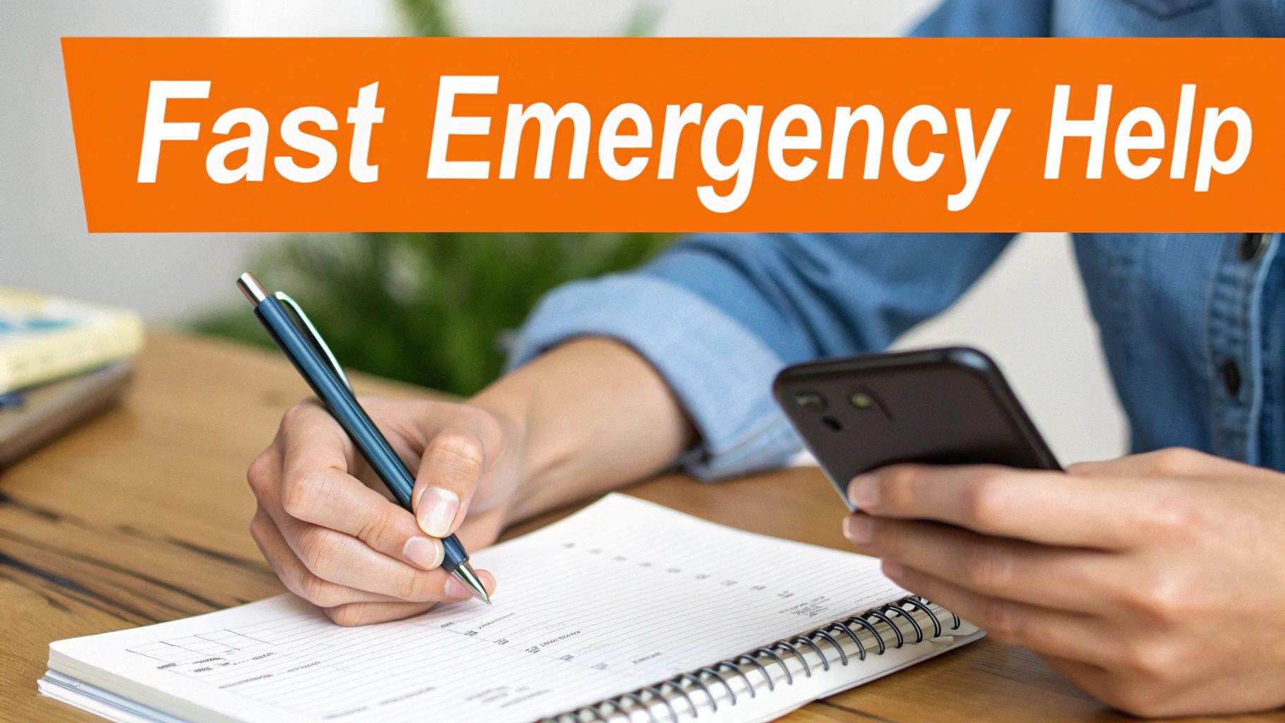 A person writing in a notebook with a pen, holding a smartphone, with a 'Fast Emergency Help' banner.