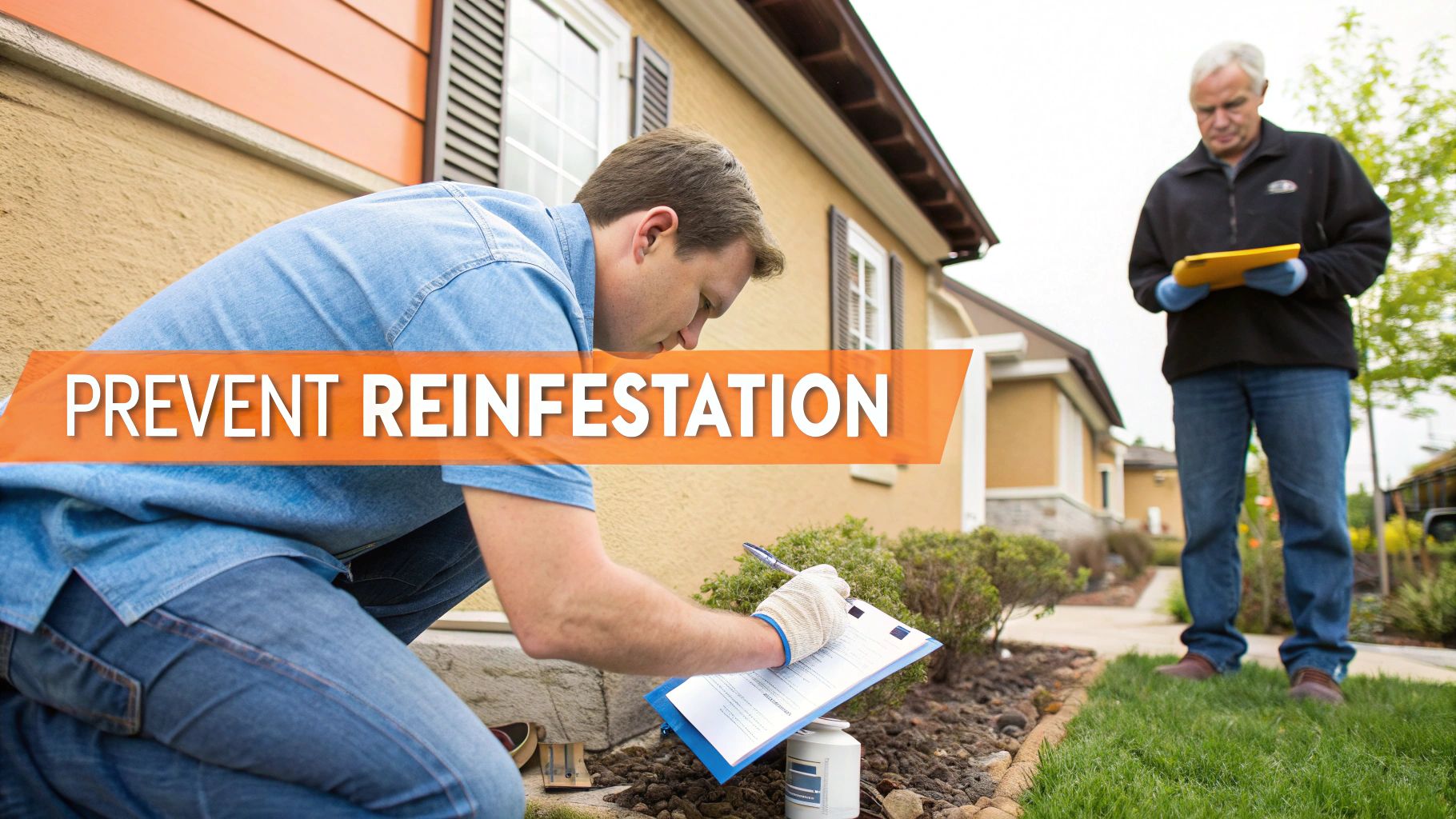 A person sealing a crack along the foundation of a house to prevent pests from entering.
