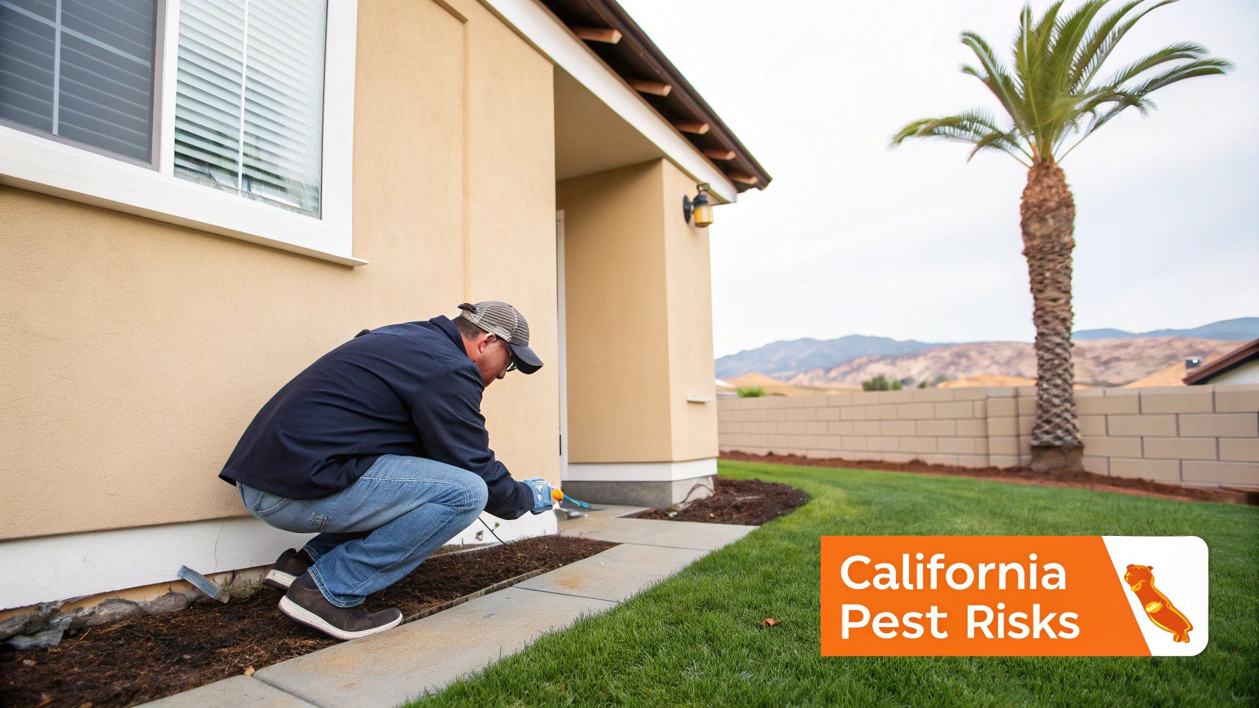 Professional pest control technician inspecting and treating home exterior foundation in California residential property