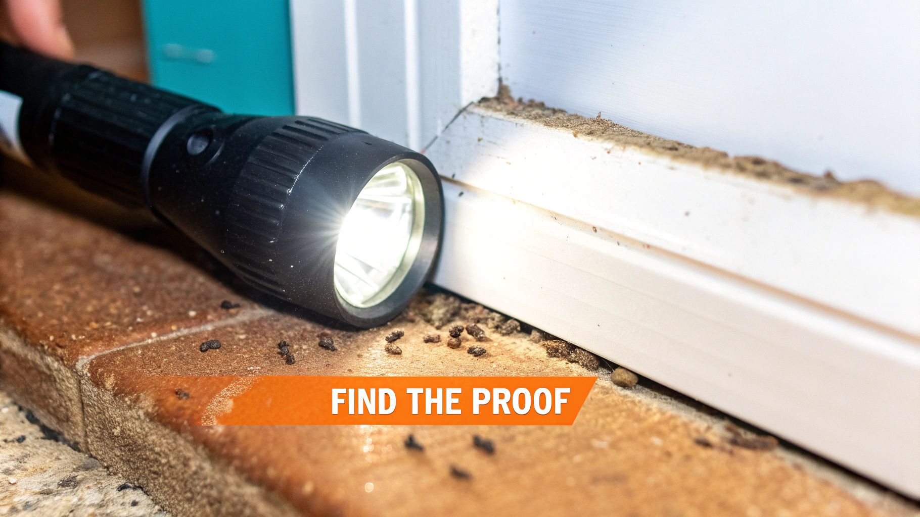 A flashlight illuminates small dark droppings on a textured surface near a white baseboard, indicating pest activity.