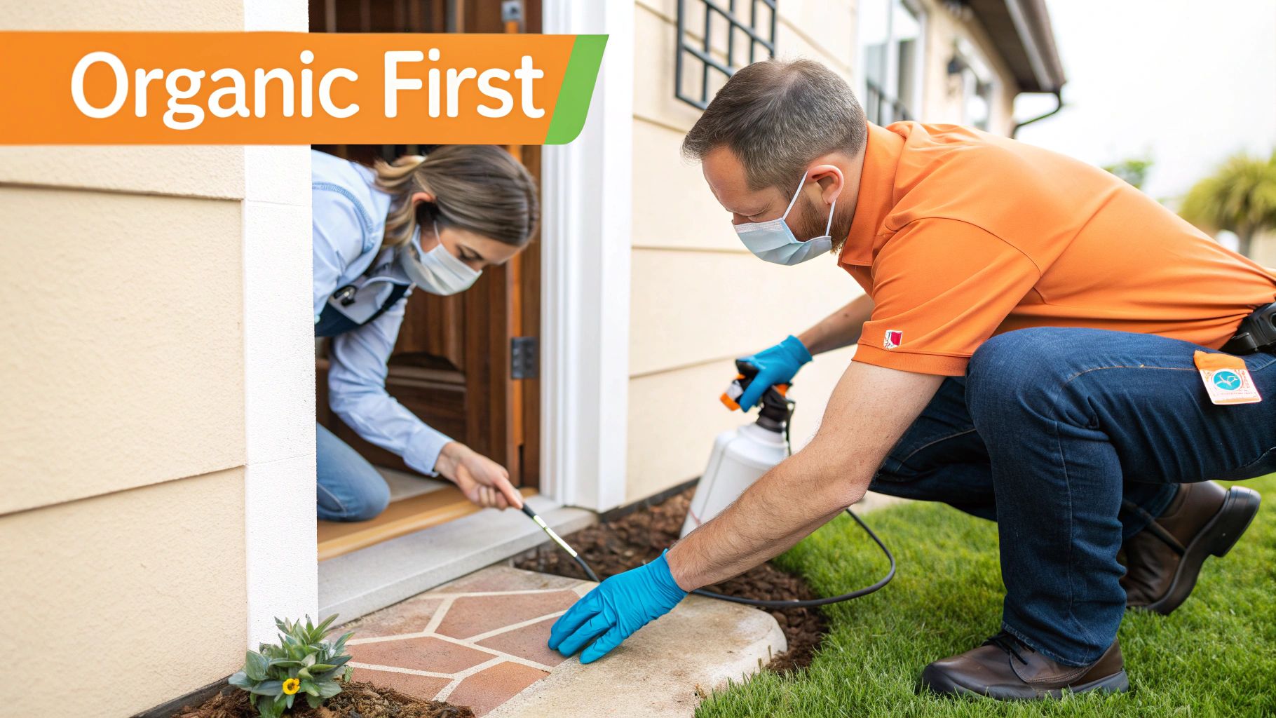 Two masked pest control technicians, one spraying and one treating, ensuring a pest-free home.