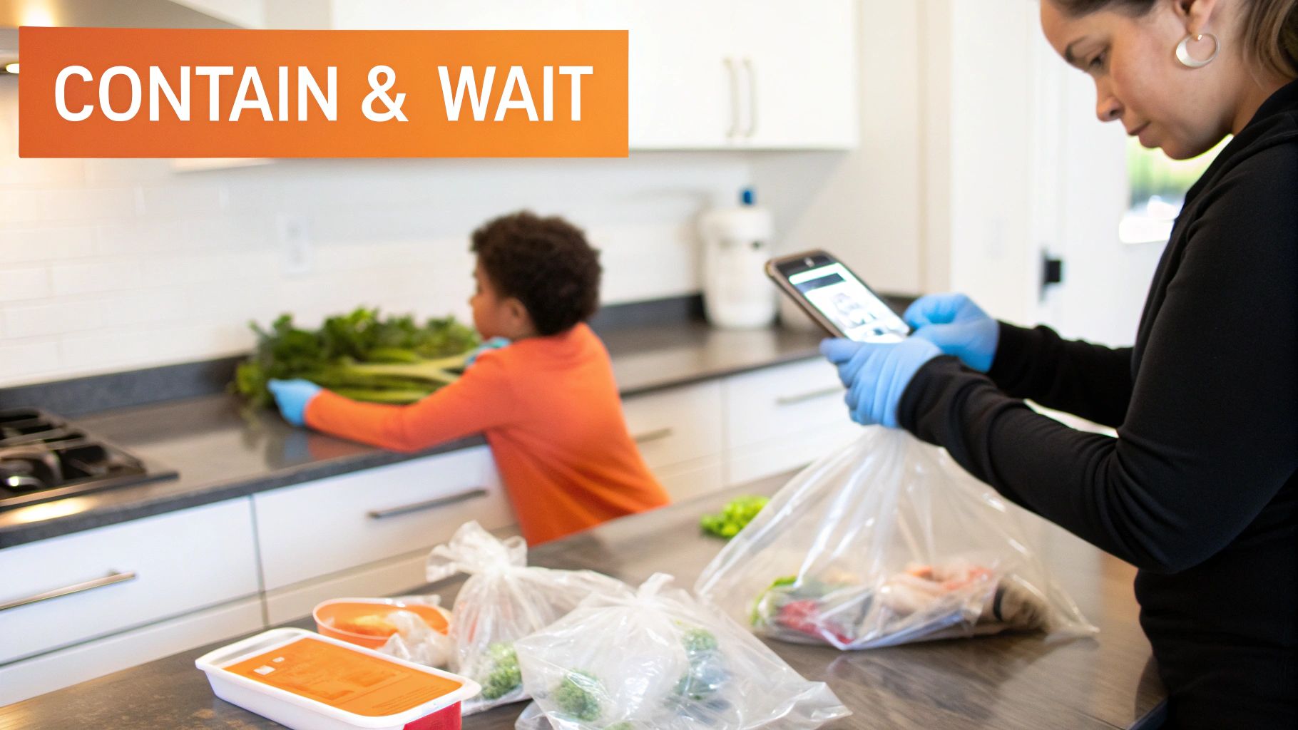 Adult and child wearing gloves, handling groceries in a kitchen with a 'Contain & Wait' sign.