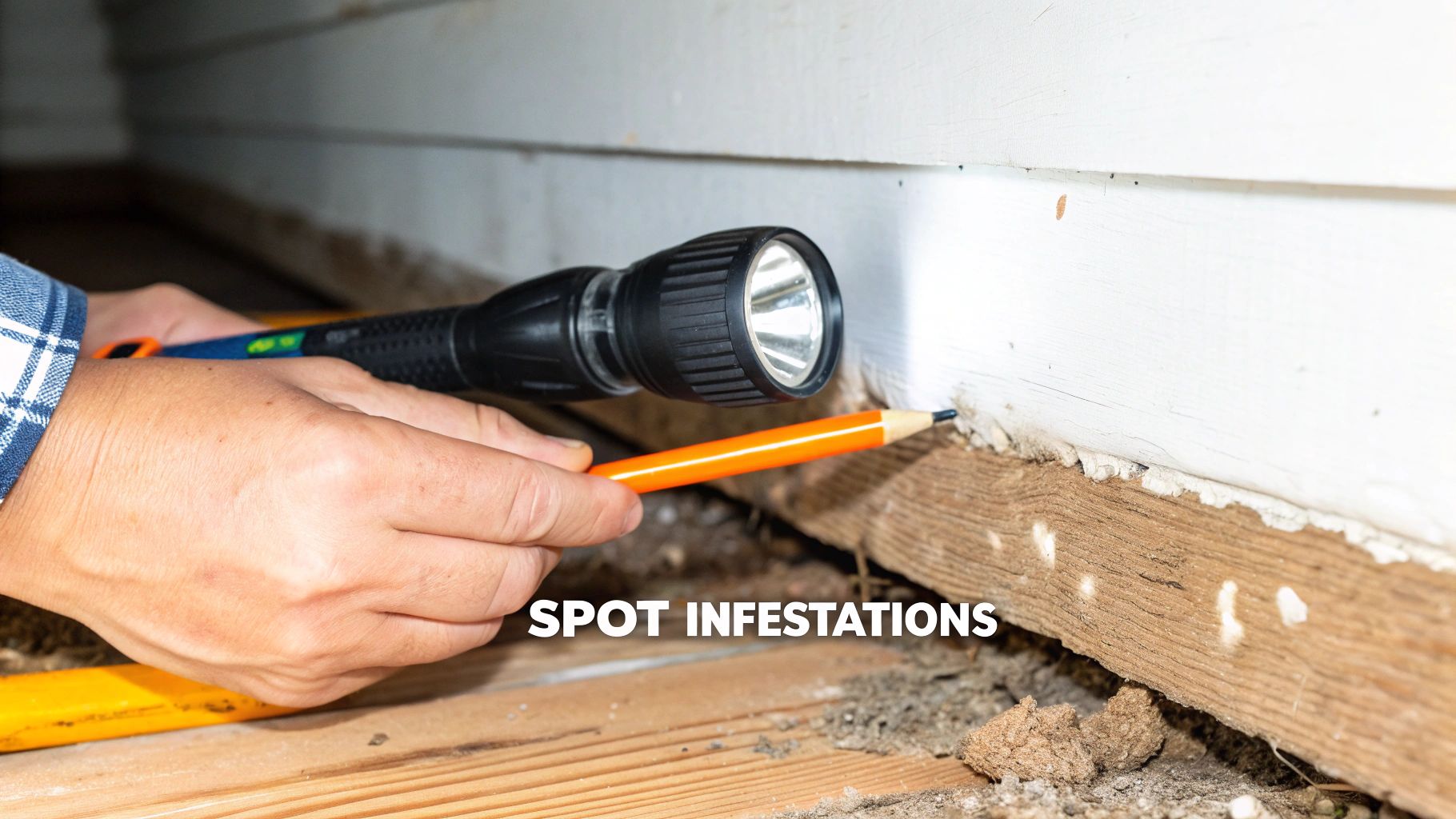 Person using a flashlight and pencil to inspect a damaged wall for pest infestations.