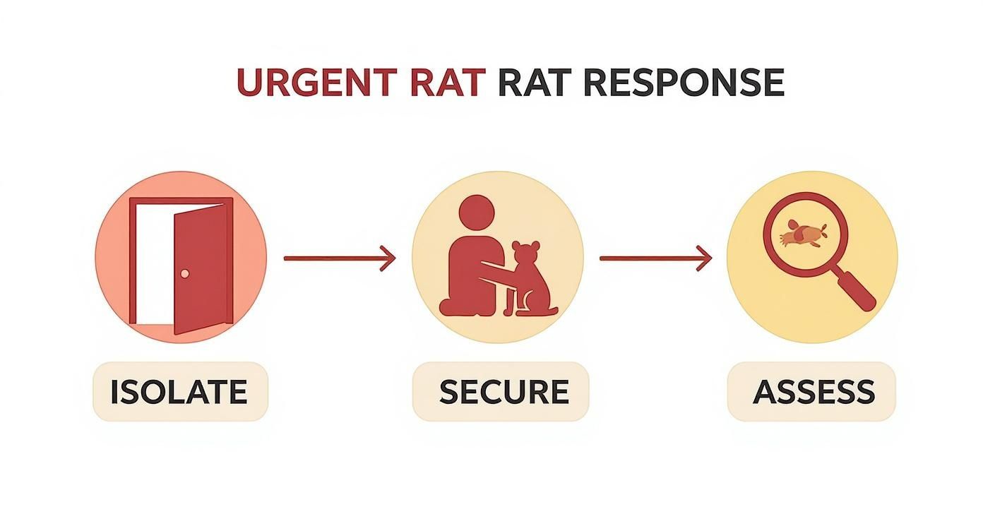 Flowchart showing urgent rat response steps: isolate, secure pets, and assess with a magnifying glass.