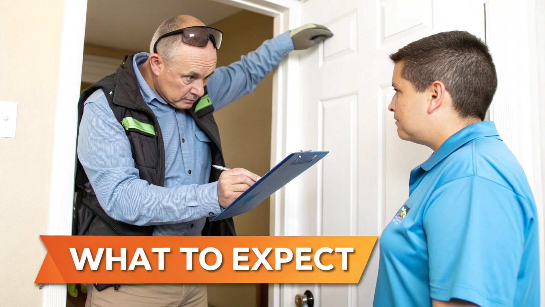 A pest control professional takes notes on a clipboard during a home inspection with a client.