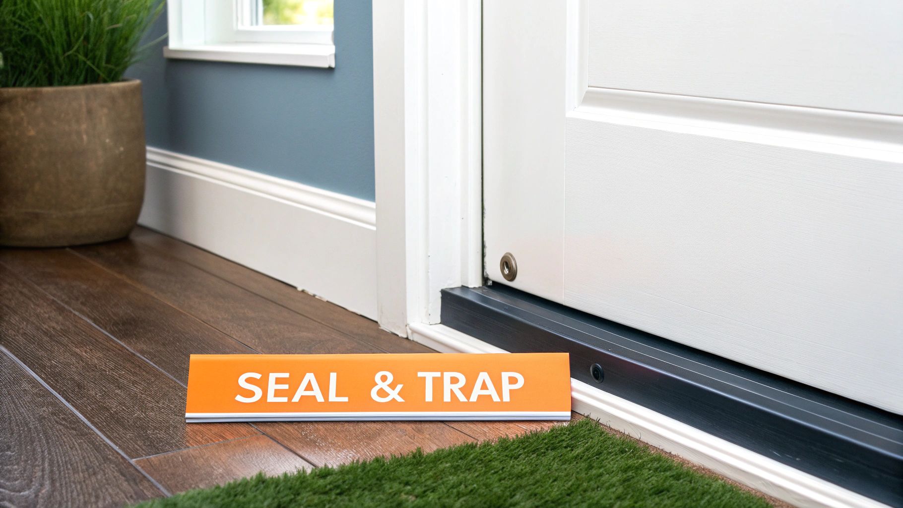An orange 'SEAL & TRAP' sign on a wooden floor, next to a white door with a dark weather seal.