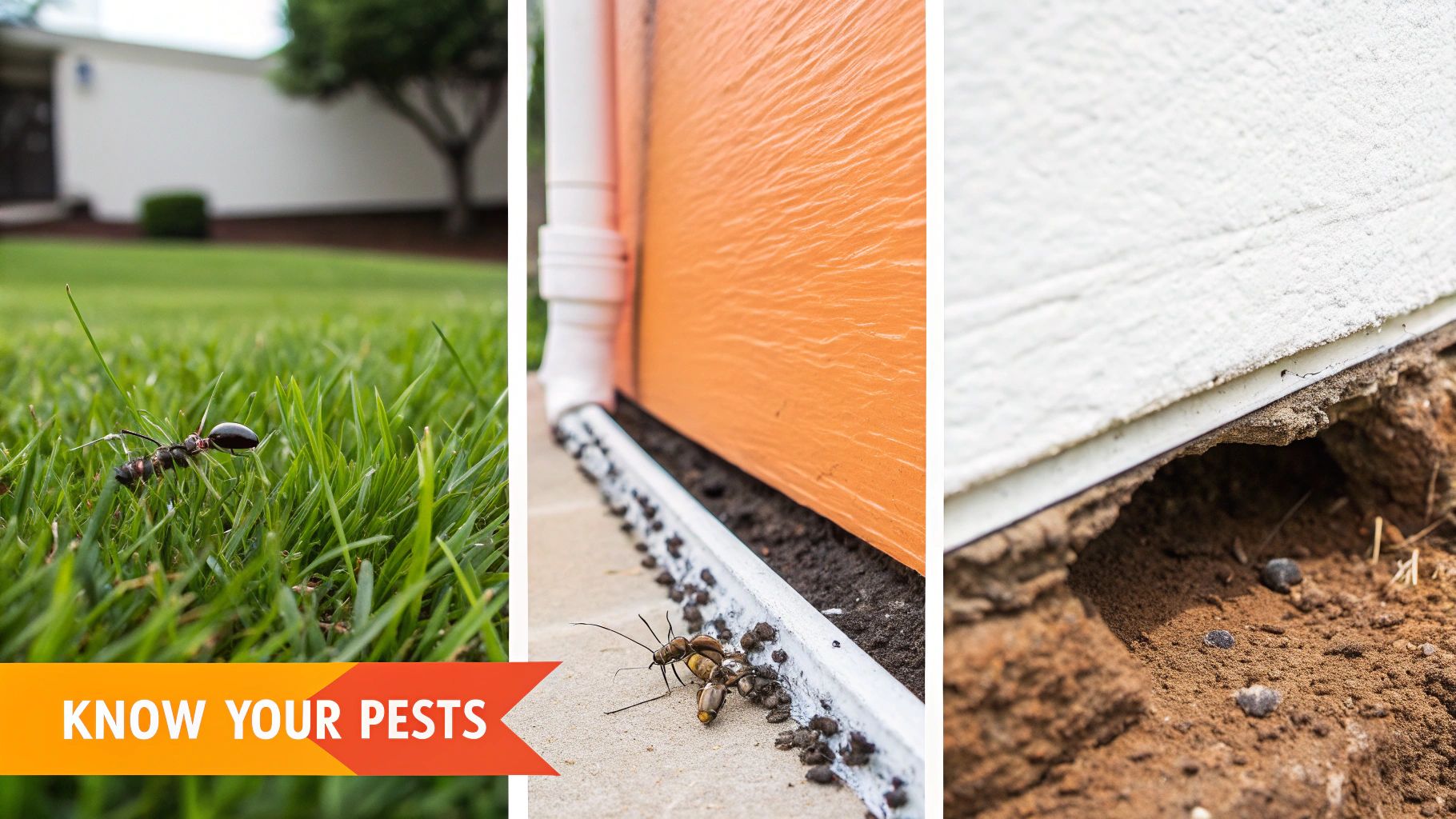 Three panels showing an ant in green grass, an ant near a building foundation, and a crack for pest entry.