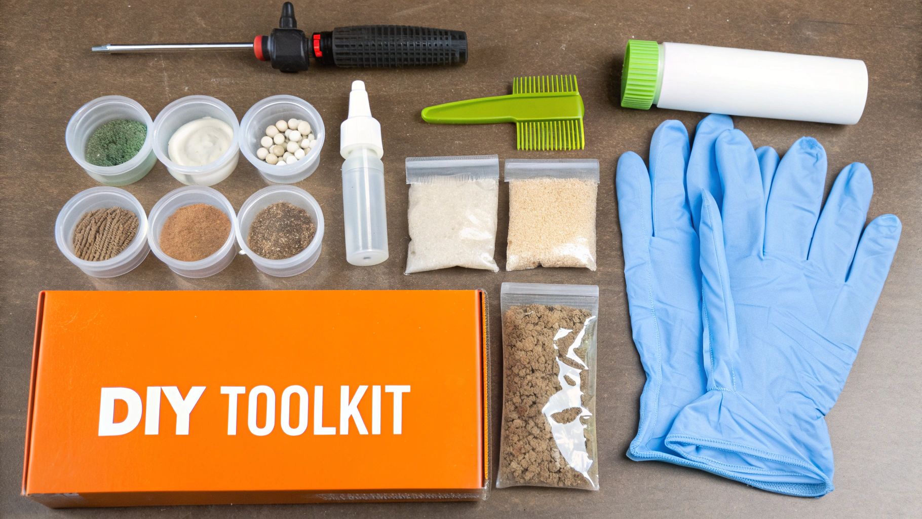 A collection of DIY pest control items like a spray bottle, diatomaceous earth, and gel bait tubes neatly arranged on a wooden surface.