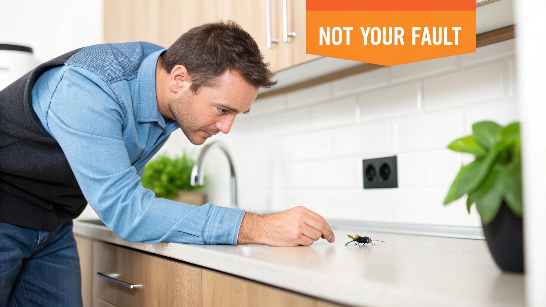 A man examines a wasp-like insect on a clean kitchen counter, with text 'NOT YOUR FAULT'.