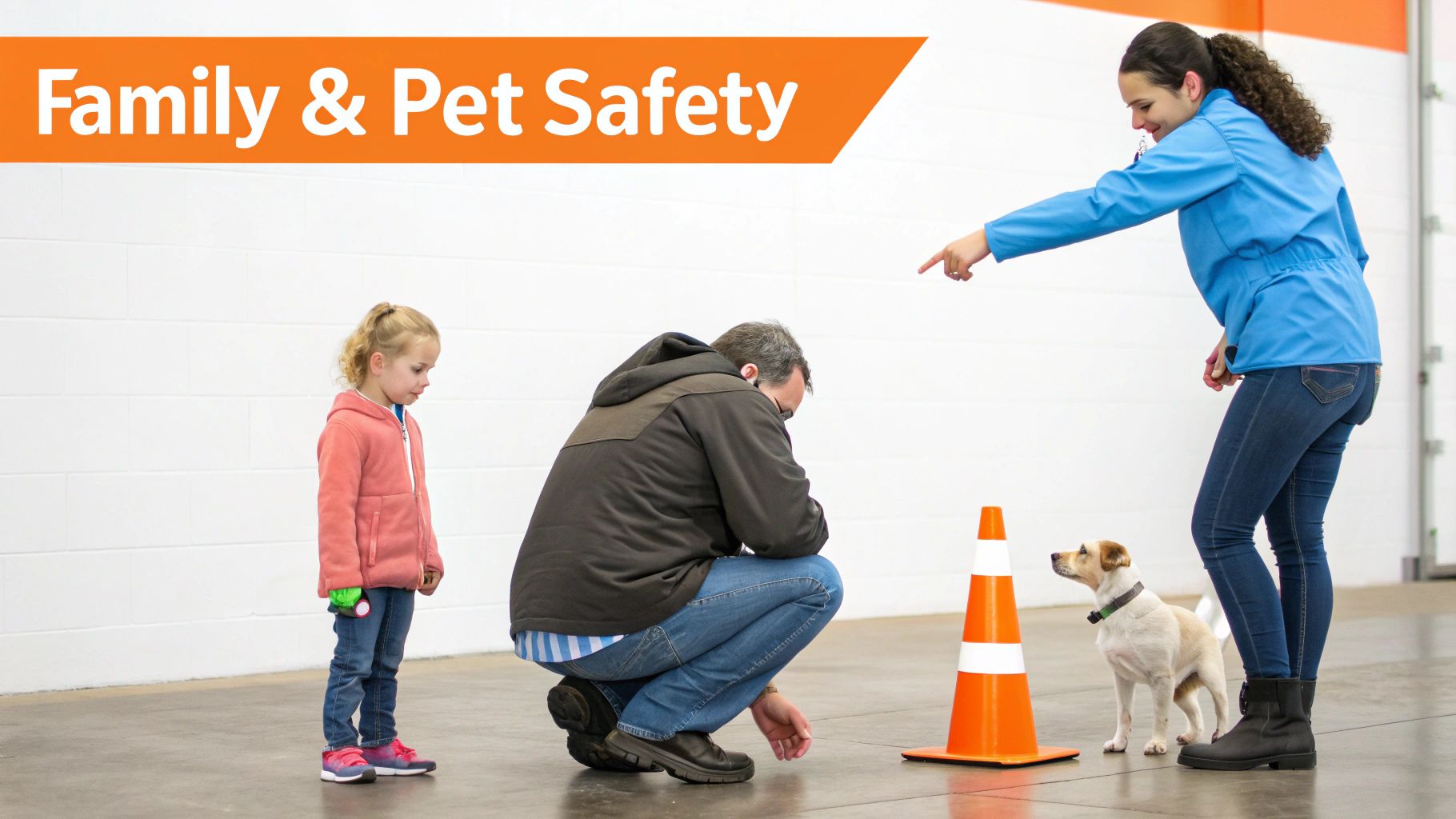 A family with a child, a man, and a woman are training a small dog with an orange cone, emphasizing pet safety.