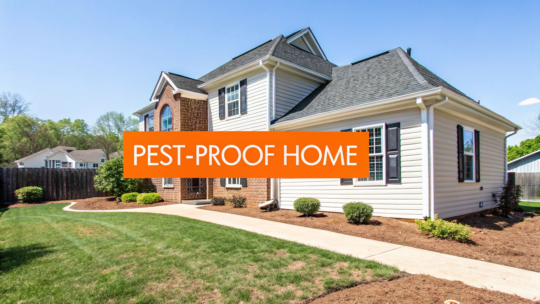 A large, well-maintained suburban house with a green lawn and “PEST-PROOF HOME” text overlay.