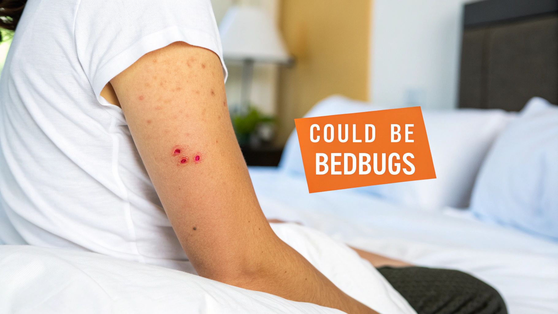 A close-up view of a bed bug on a textured fabric surface, highlighting its reddish-brown color and flat body.