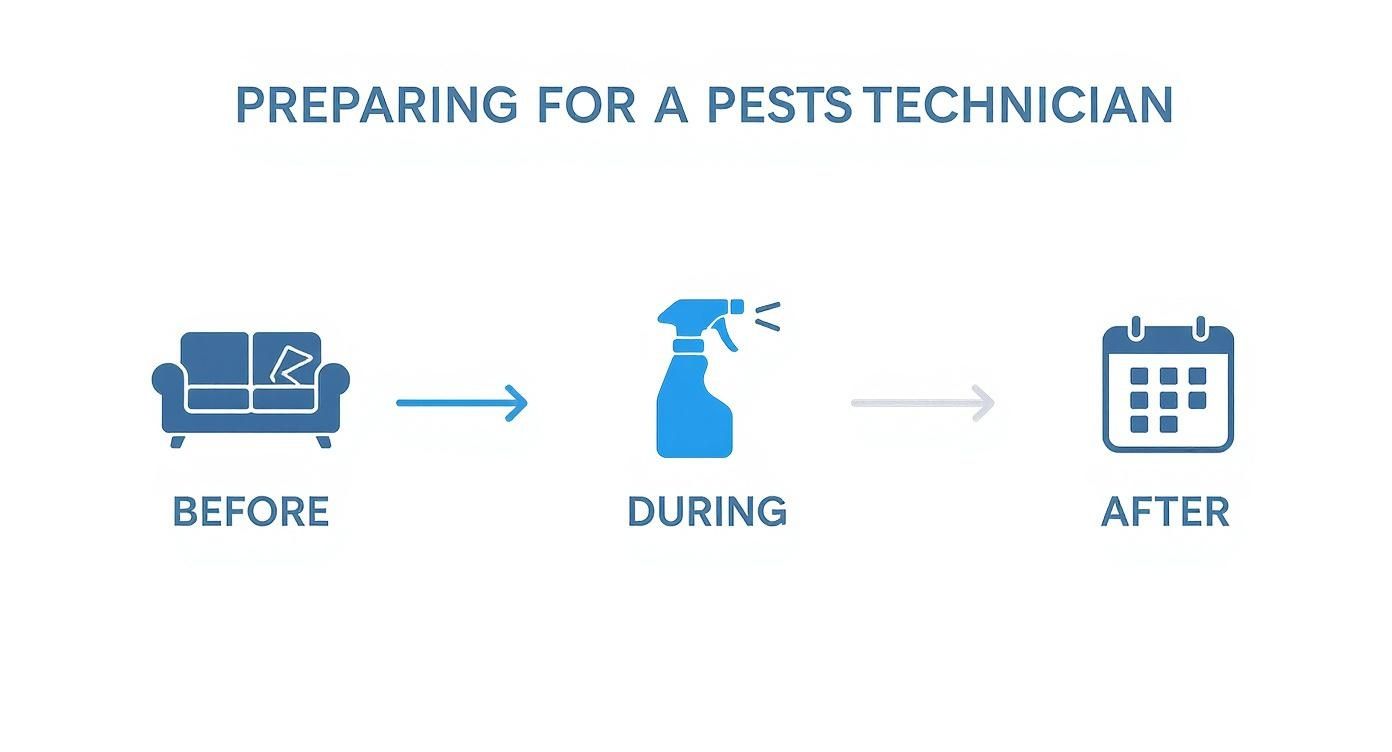 A diagram illustrating the stages of preparing for a pest control technician: before, during, and after treatment.