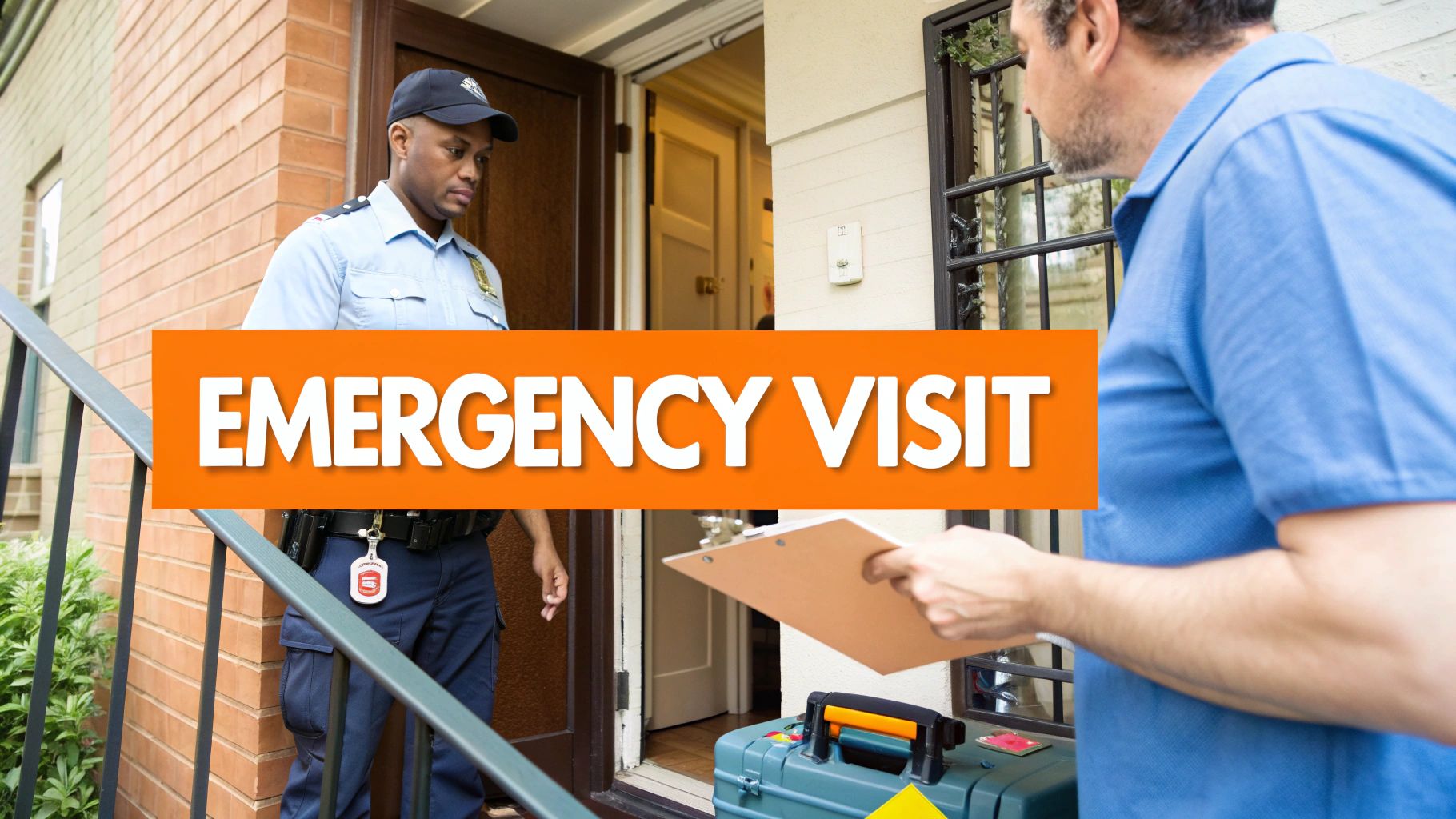 A service professional in uniform stands at a homeowner's door with a tool case for an emergency visit.