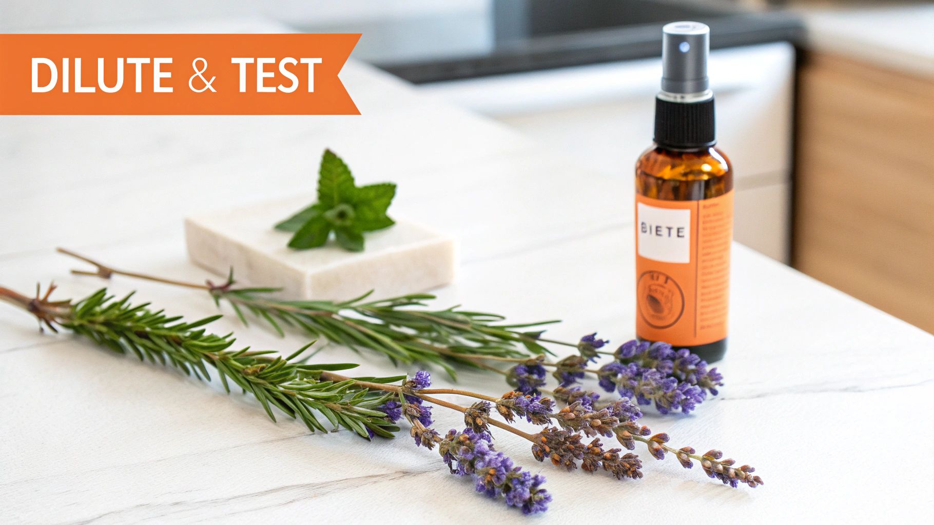 A spray bottle, fresh lavender, rosemary, mint leaves, and soap on a white surface, with a banner that says 'DILUTE & TEST'.