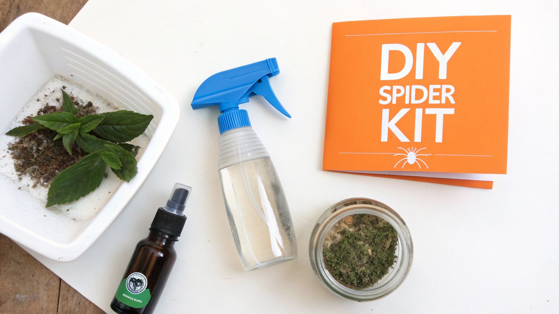 DIY spider repellent kit with spray bottle, essential oils, herbs and natural ingredients on white surface