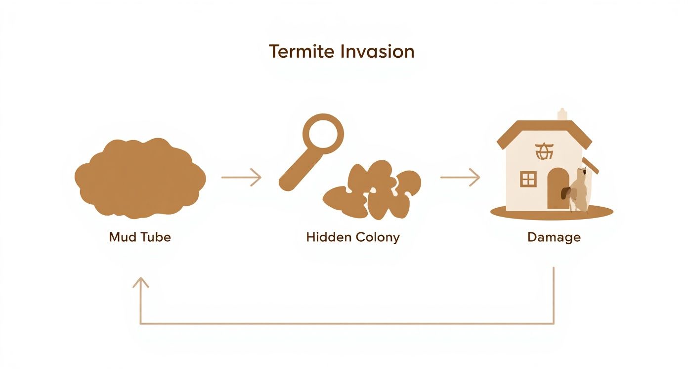 A flowchart illustrates the termite invasion process from mud tubes to hidden colonies and house damage.