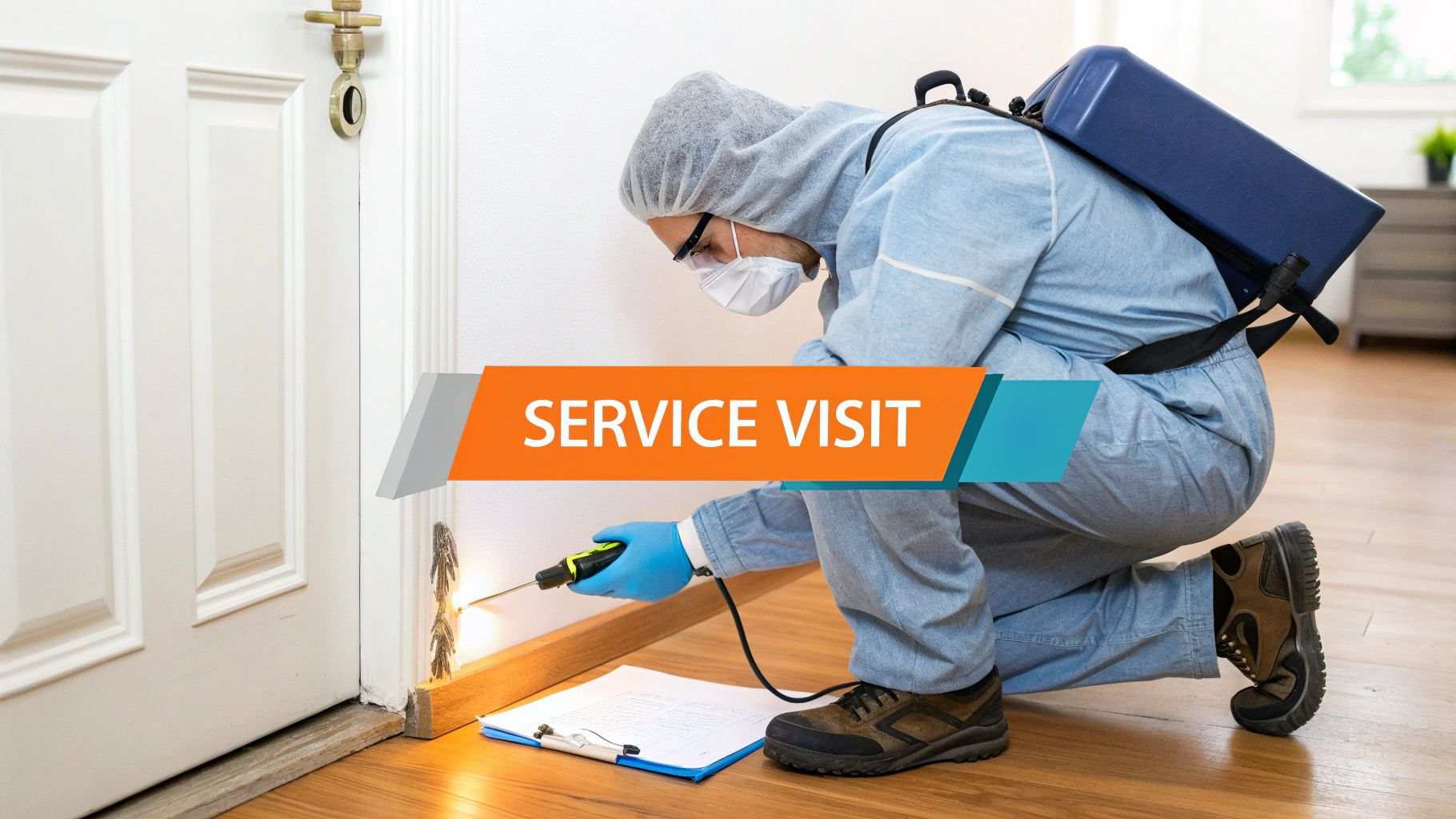 A pest control professional inspecting a kitchen during an emergency visit