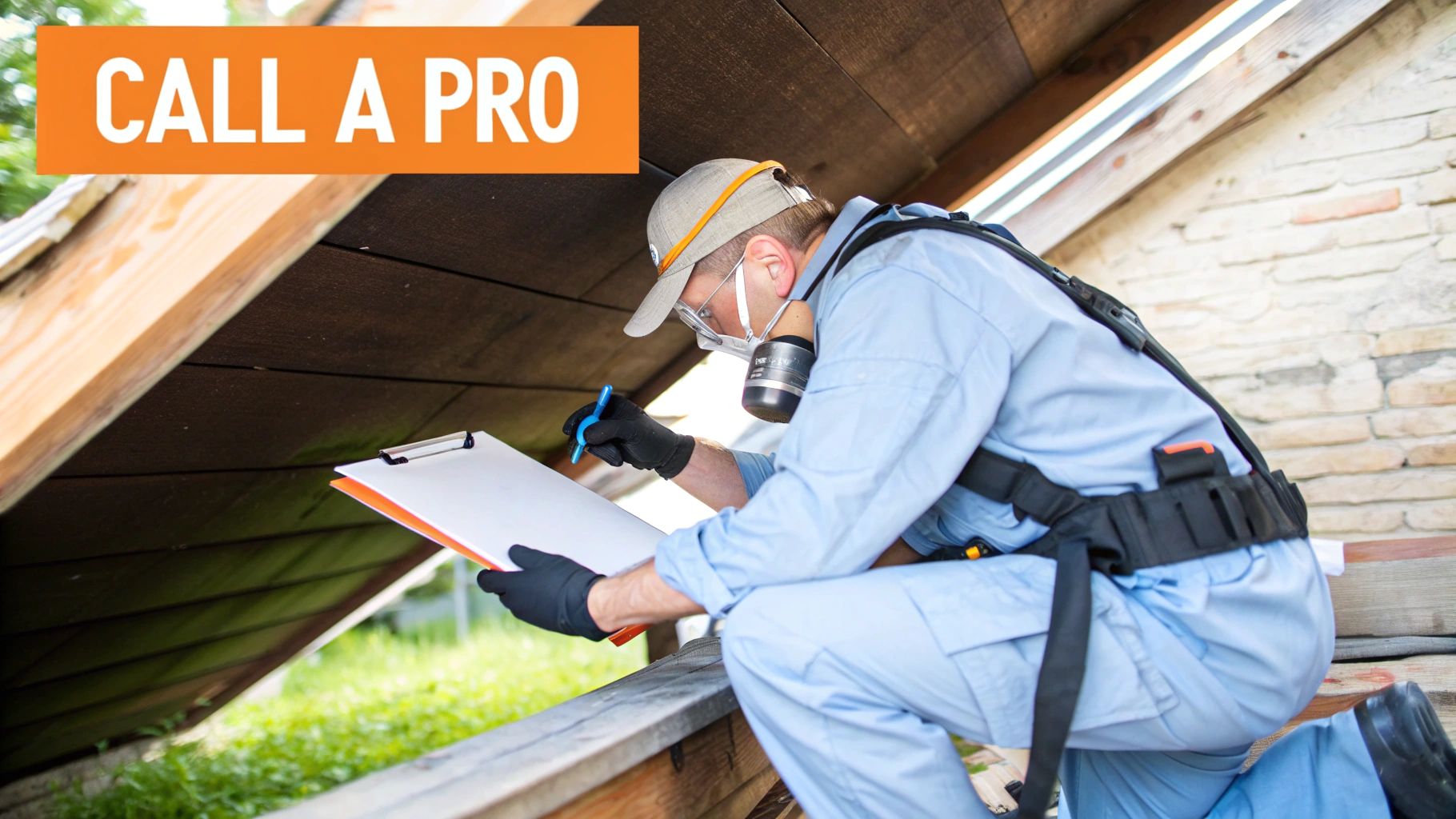 A professional exterminator in full protective gear spraying a large wasp nest under the eaves of a house.