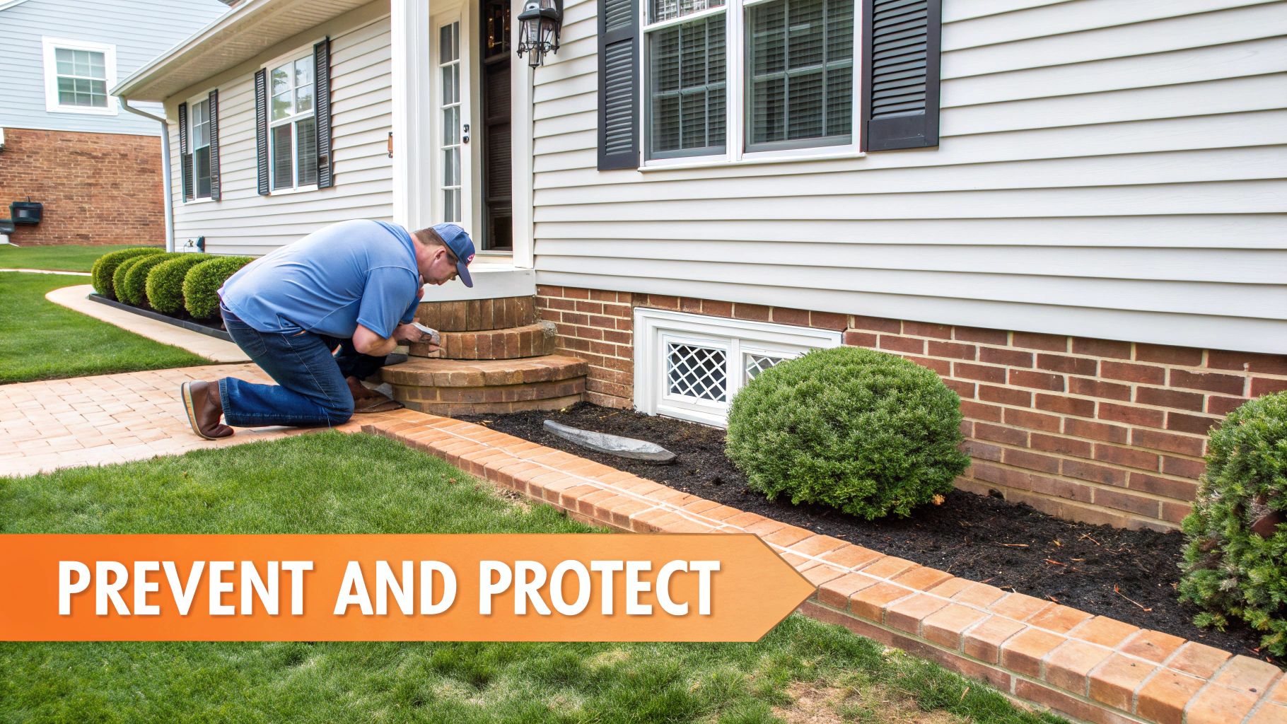 A man in a blue shirt inspects the foundation of a house for pest control or maintenance.